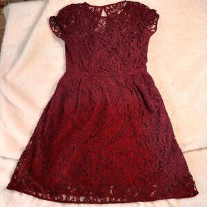 J. CREW ALISA BURGUNDY DRESS IN LEAVERS LACE FIT & FLARE COQUETTE PARTY ROMANTIC